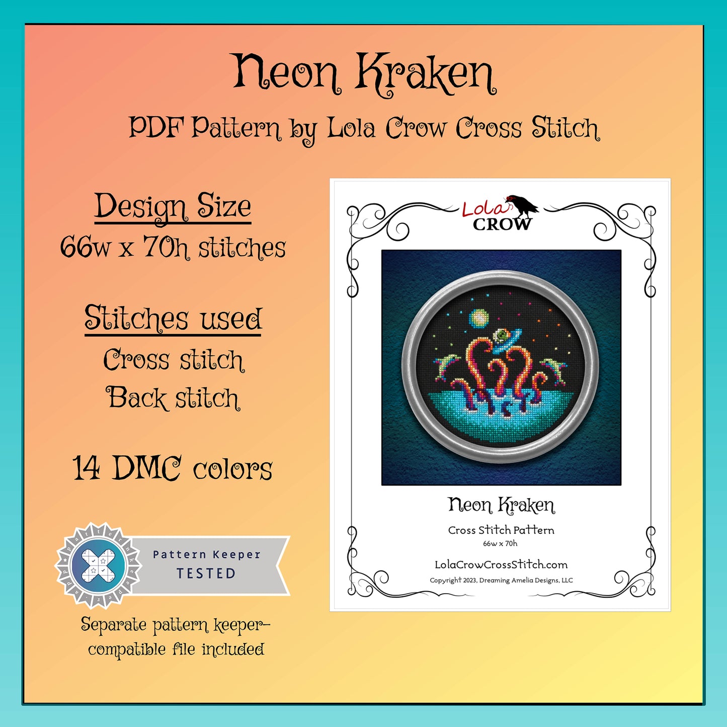 Neon Kraken - Digital PDF Cross Stitch Pattern