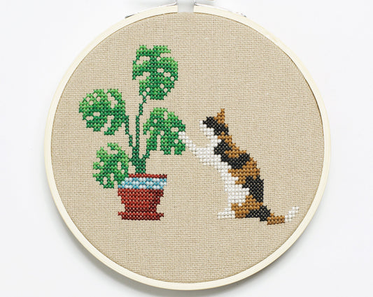 Cat and Monstera Plant - Digital PDF Cross Stitch Pattern