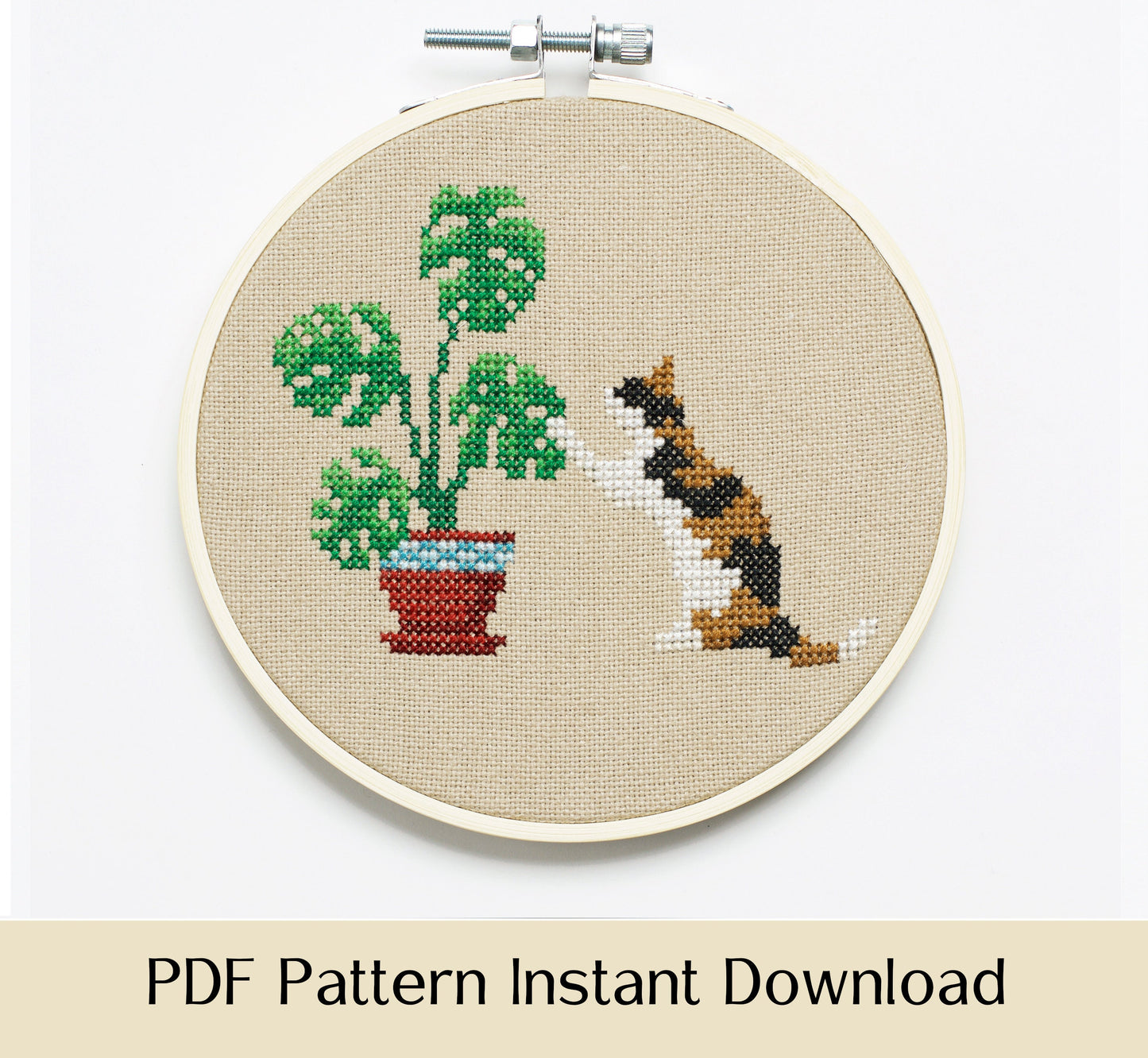 Cat and Monstera Plant - Digital PDF Cross Stitch Pattern