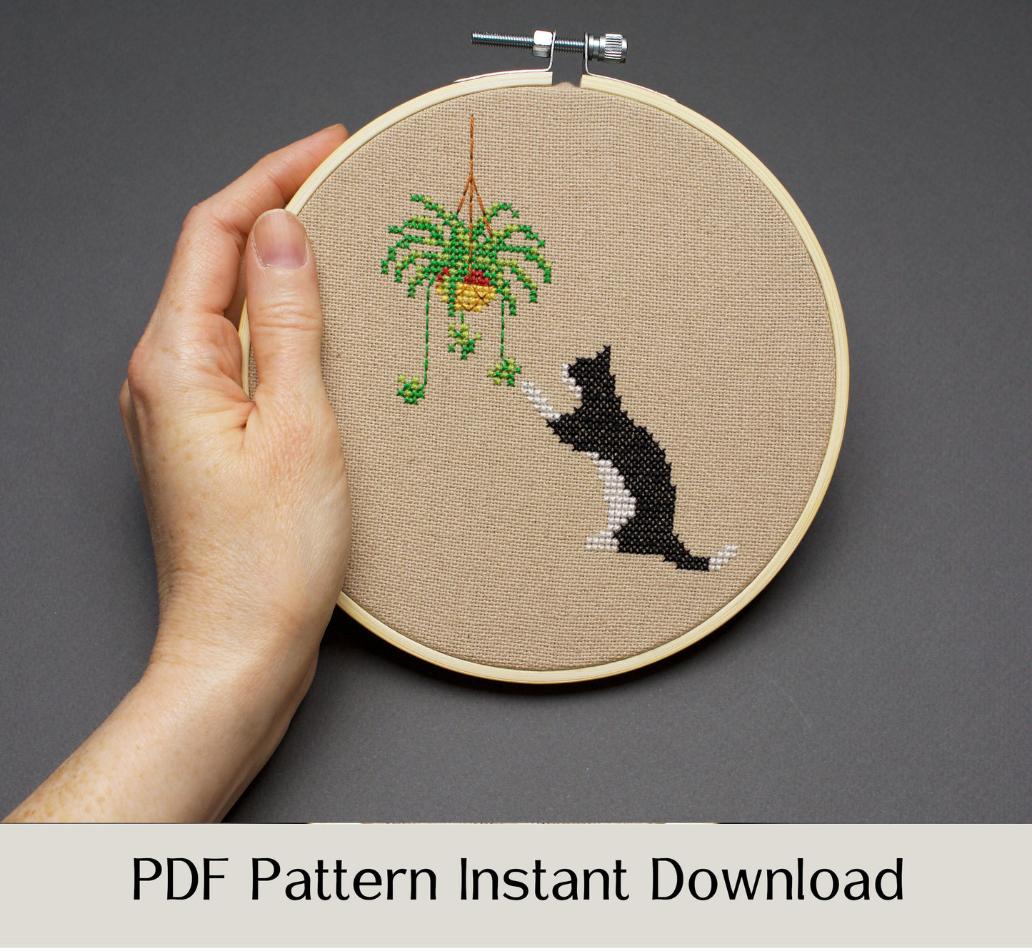 Cat and Spider Plant - Digital PDF Cross Stitch Pattern