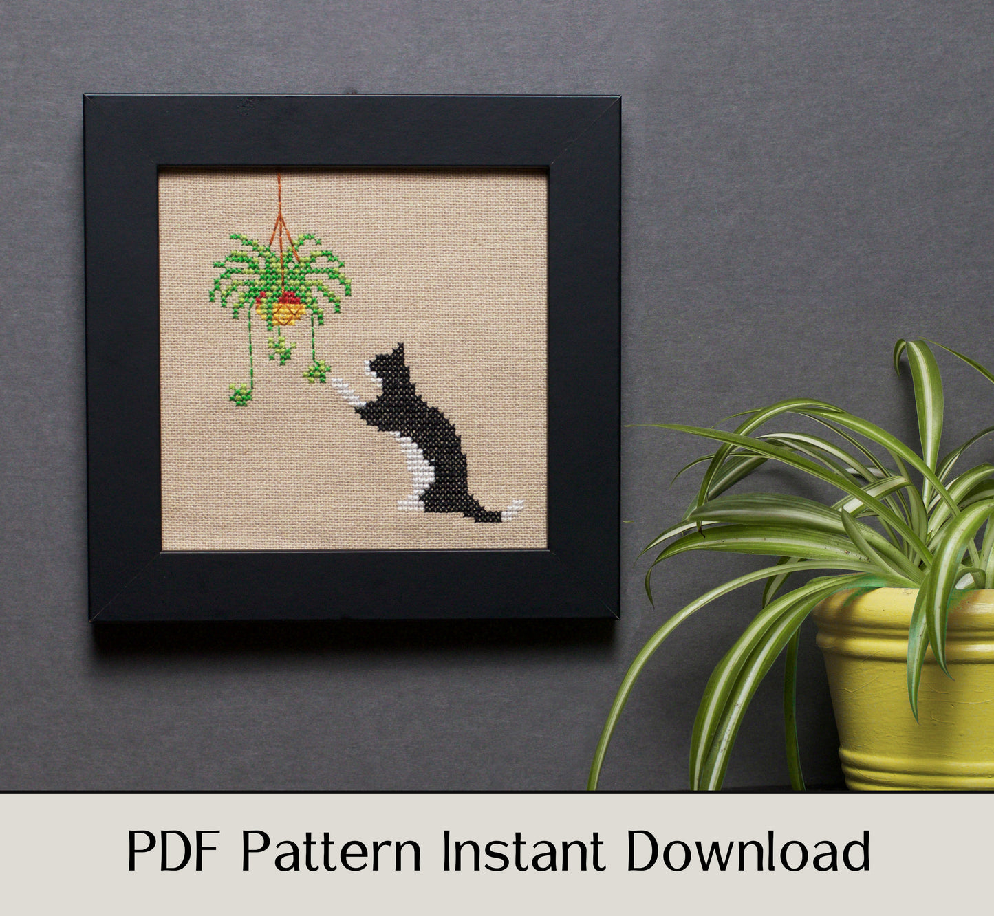 Cat and Spider Plant - Digital PDF Cross Stitch Pattern