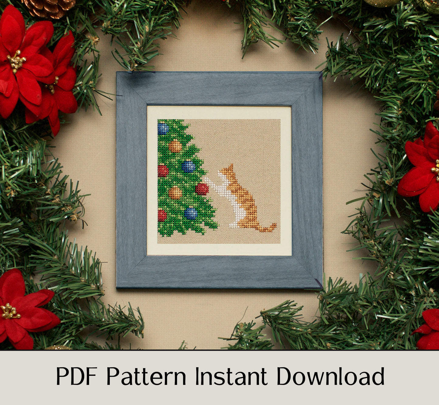 Cat and Christmas Tree - Digital PDF Cross Stitch Pattern