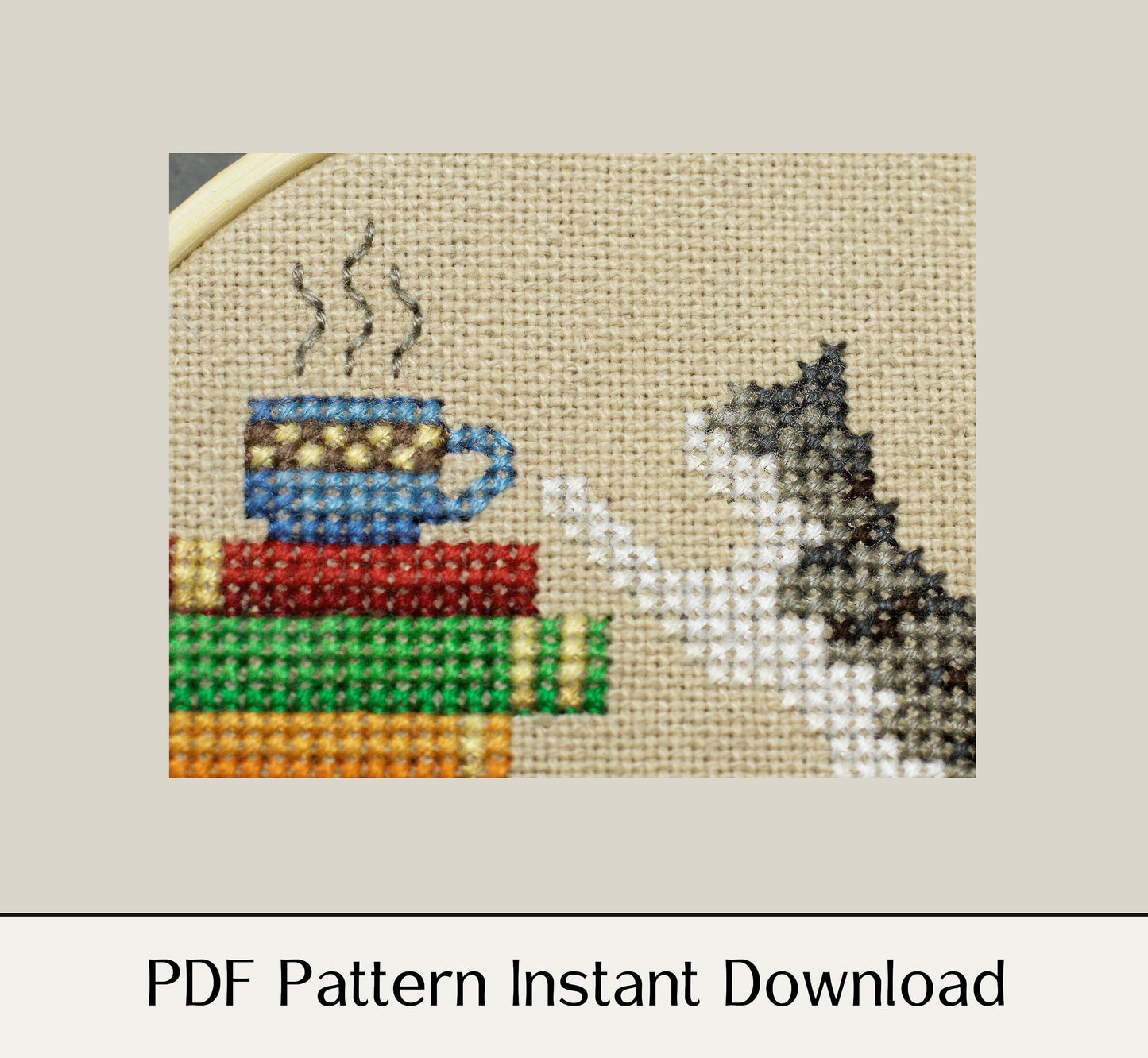 Cat, Books and Coffee - Digital PDF Cross Stitch Pattern