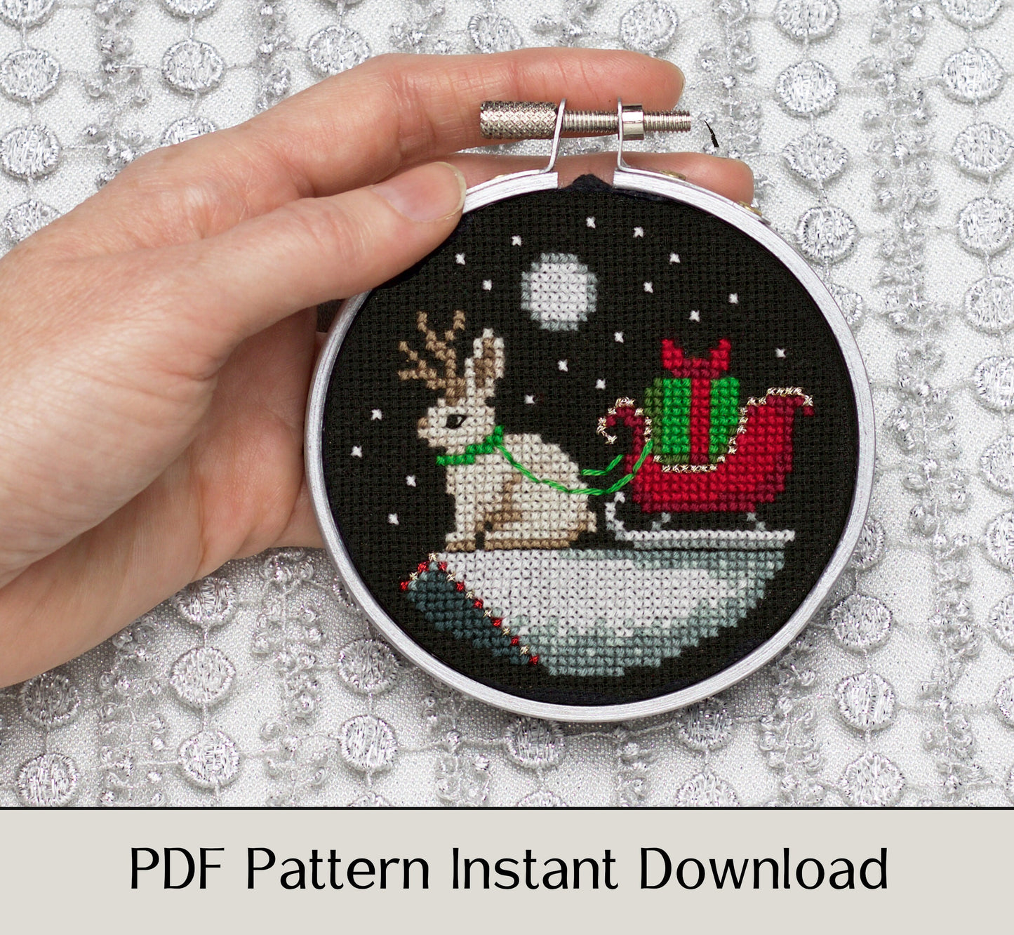 A Miniature Sleigh and a Jackalope - Digital PDF Cross Stitch Pattern