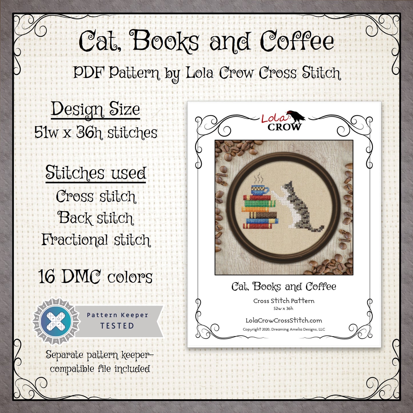 Cat, Books and Coffee - Digital PDF Cross Stitch Pattern