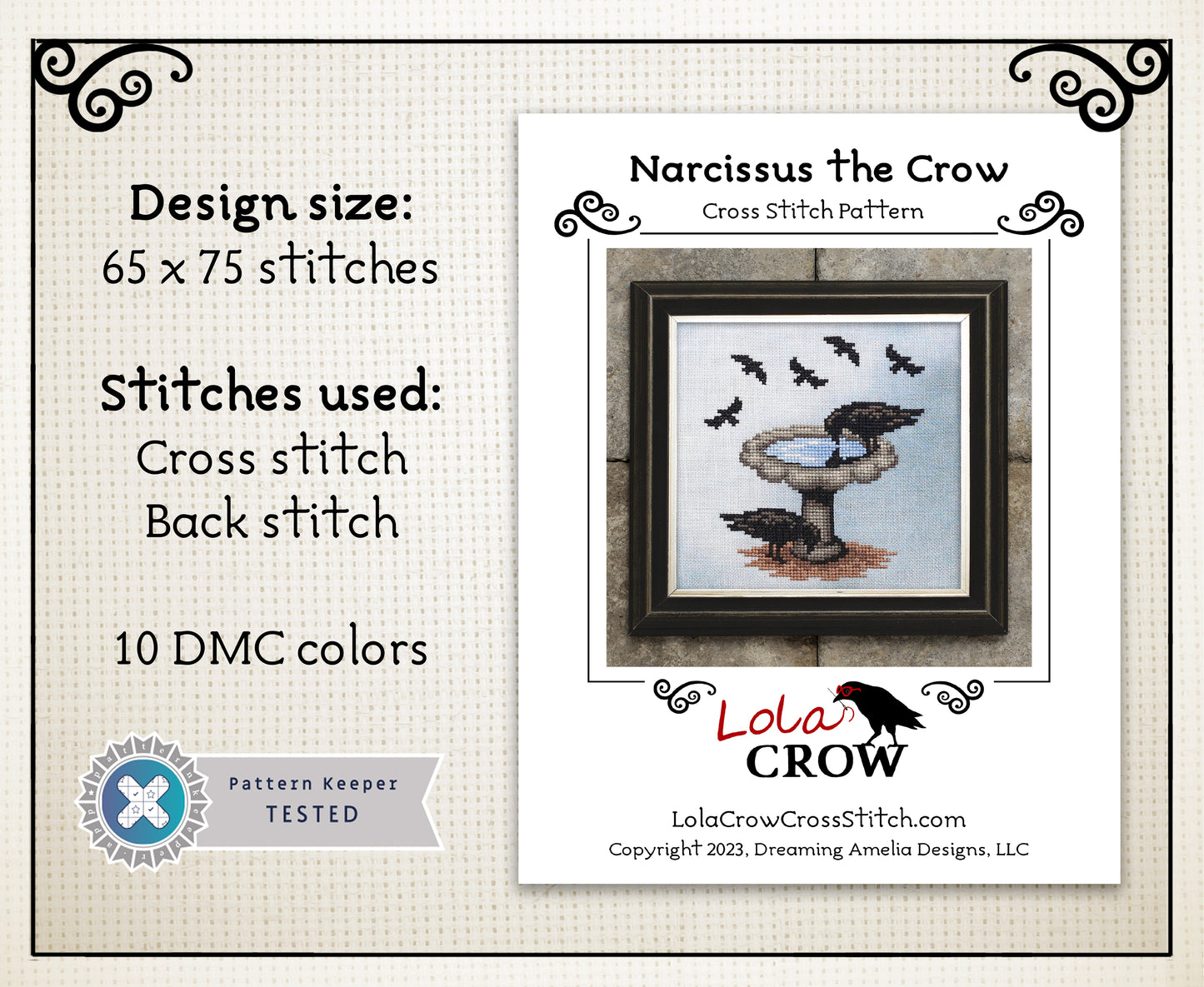 Narcissus the Crow - Digital PDF Cross Stitch Pattern