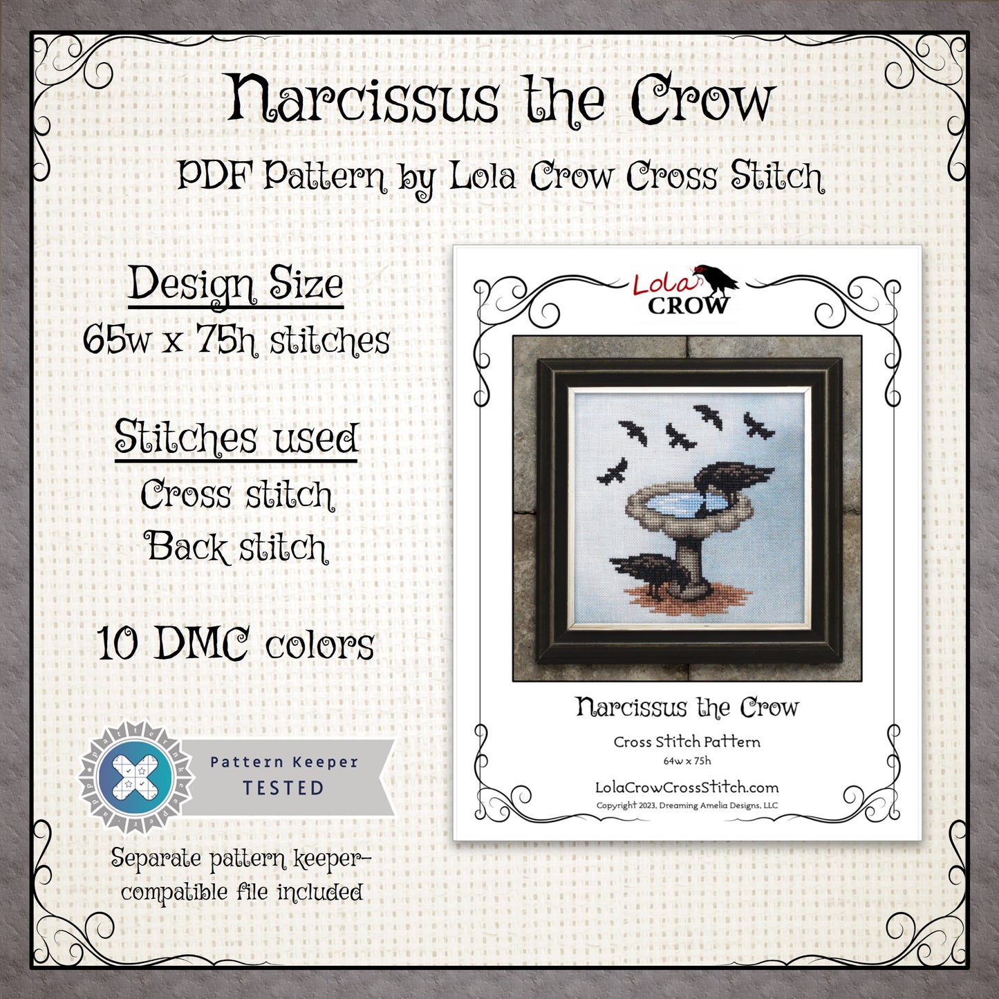 Narcissus the Crow - Digital PDF Cross Stitch Pattern