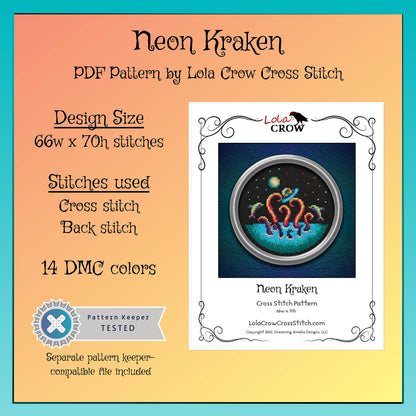 Neon Kraken - Digital PDF Cross Stitch Pattern