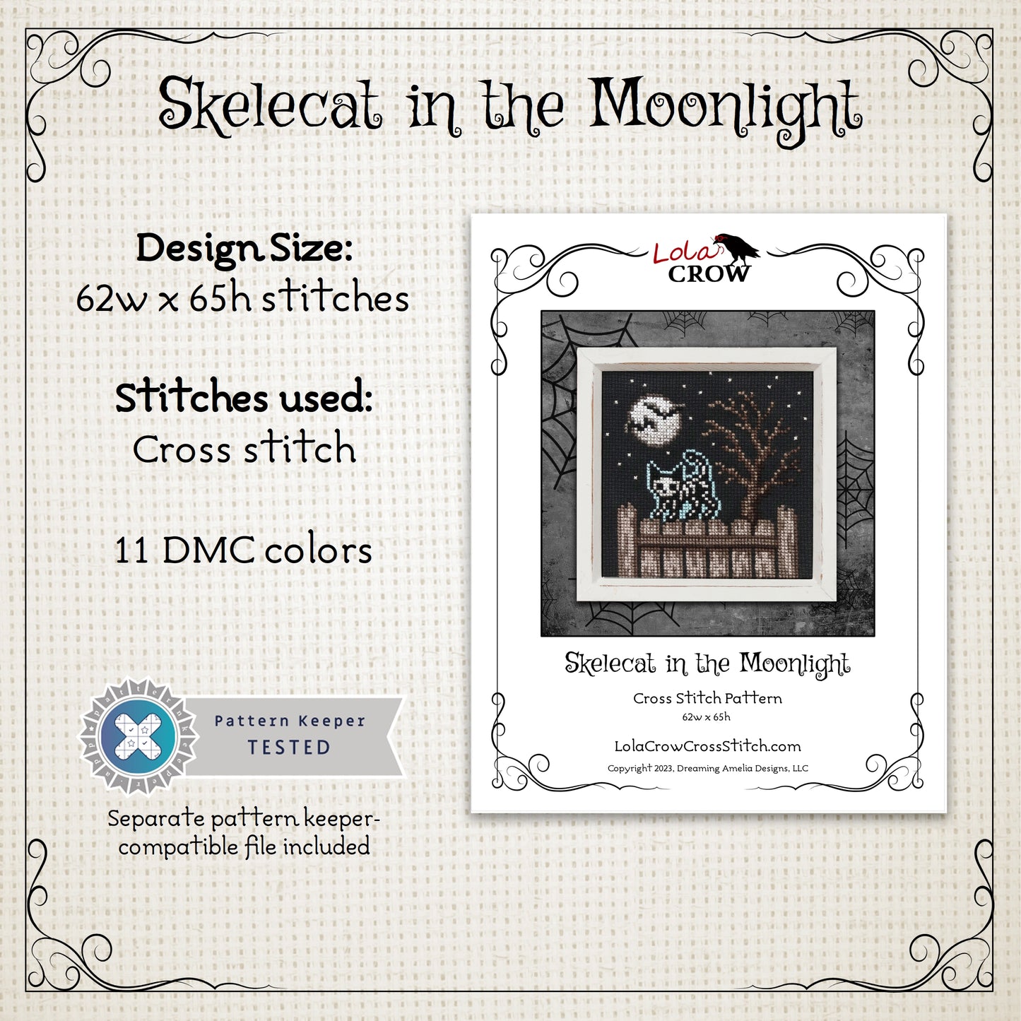 Skelecat in the Moonlight - Digital PDF Cross Stitch Pattern