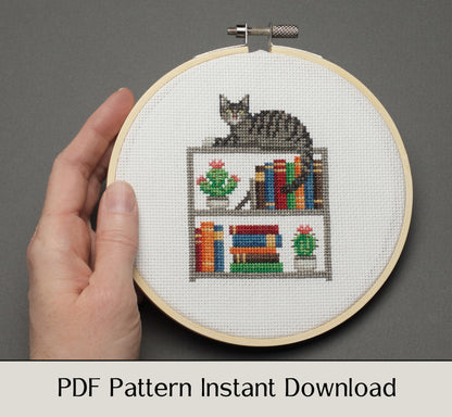 Cat, Books and Cacti - Digital PDF Cross Stitch Pattern