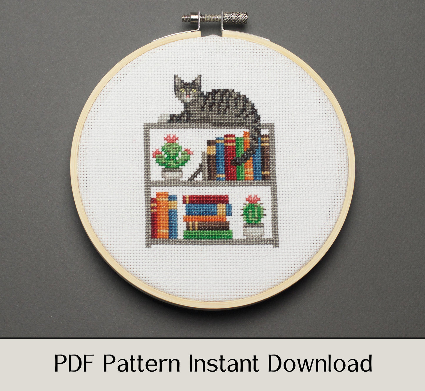 Cat, Books and Cacti - Digital PDF Cross Stitch Pattern