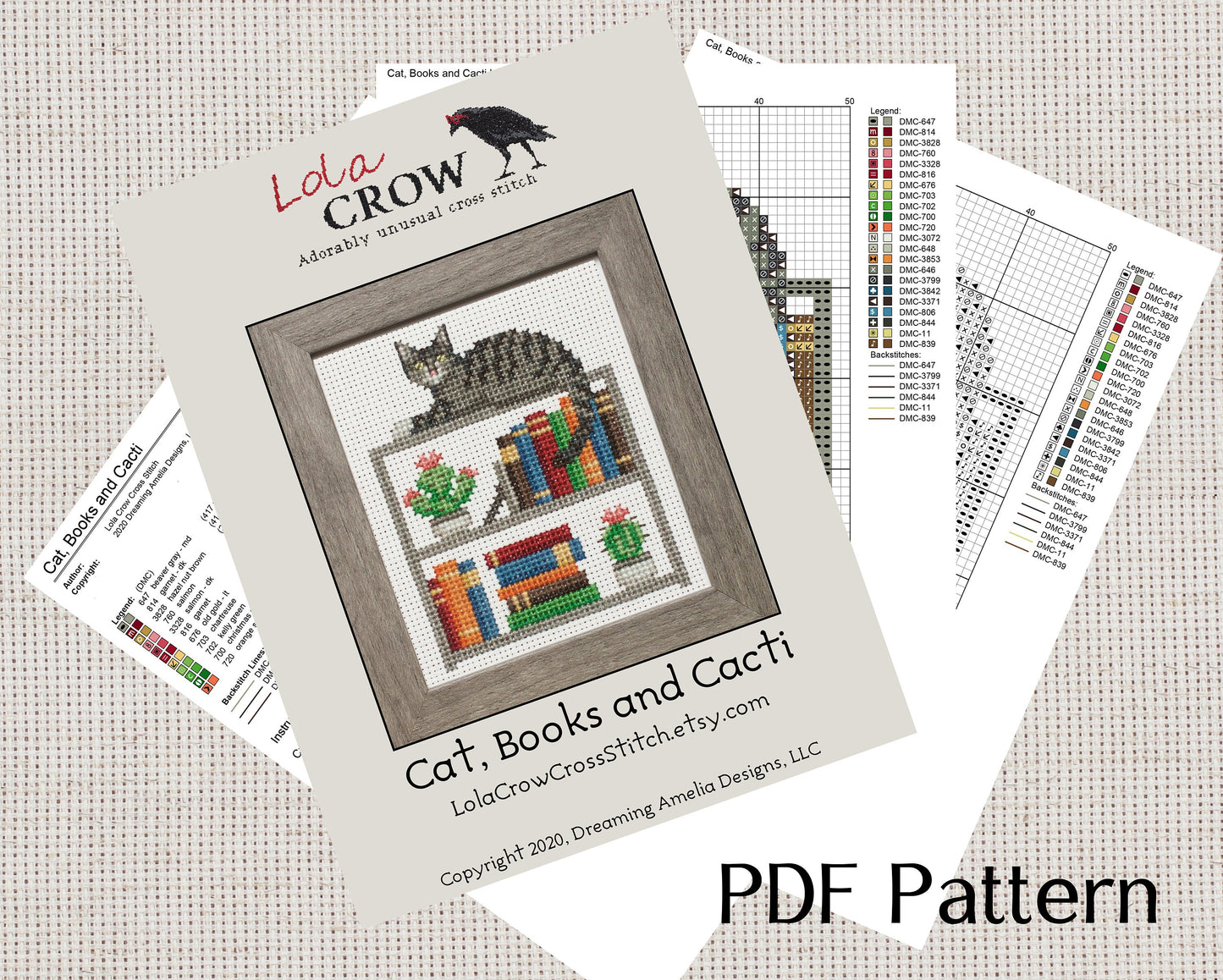 Cat, Books and Cacti - Digital PDF Cross Stitch Pattern