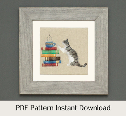 Cat, Books and Coffee - Digital PDF Cross Stitch Pattern