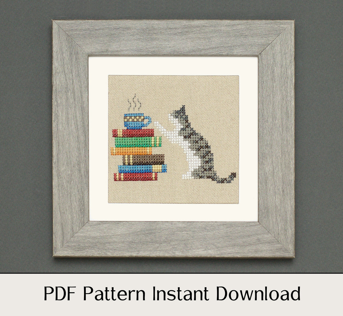 Cat, Books and Coffee - Digital PDF Cross Stitch Pattern – Lola Crow ...