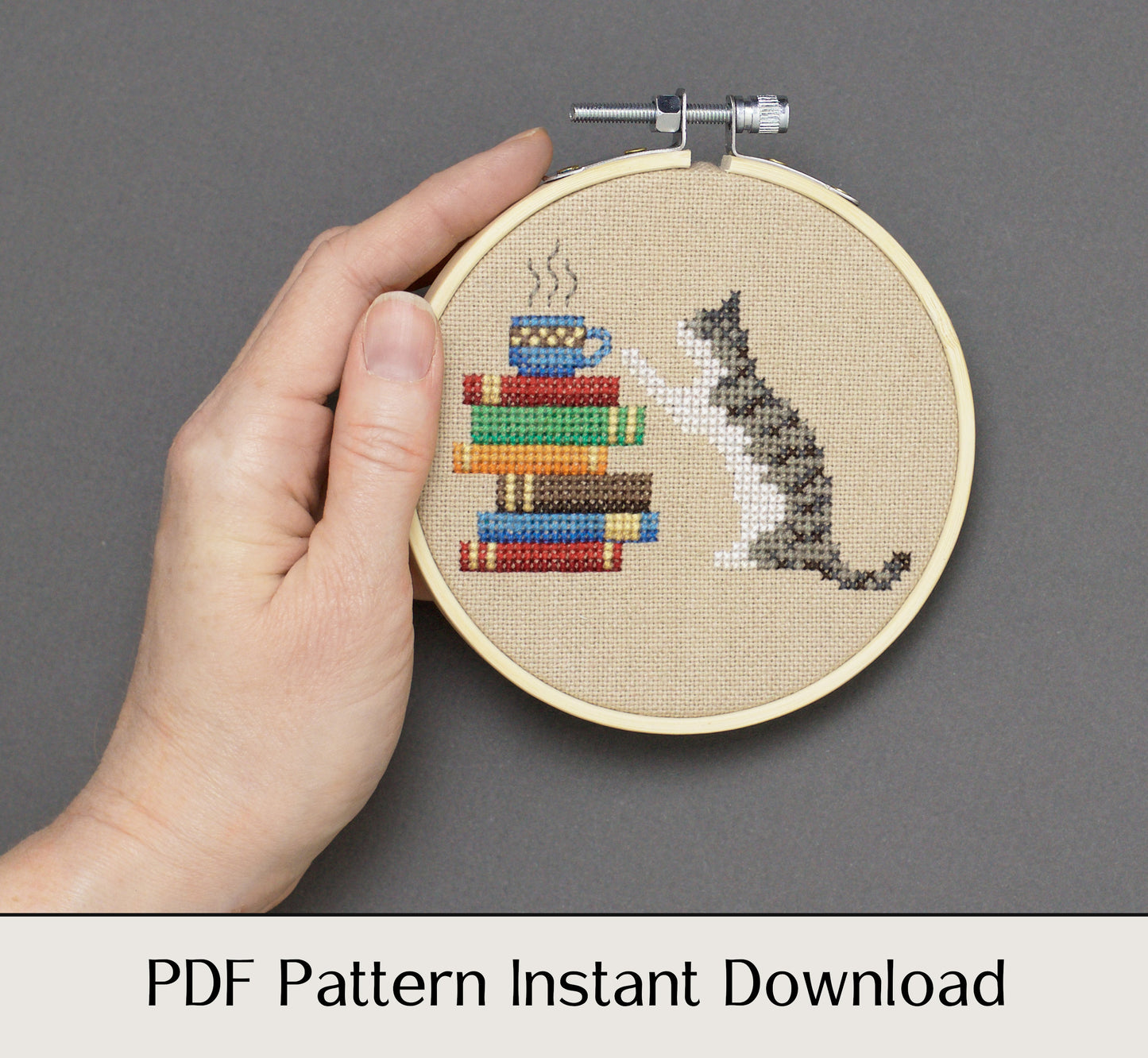 Cat, Books and Coffee - Digital PDF Cross Stitch Pattern