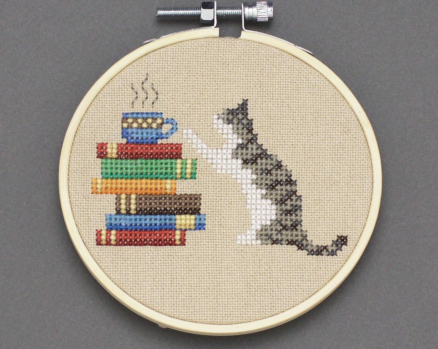 Cat, Books and Coffee - Digital PDF Cross Stitch Pattern