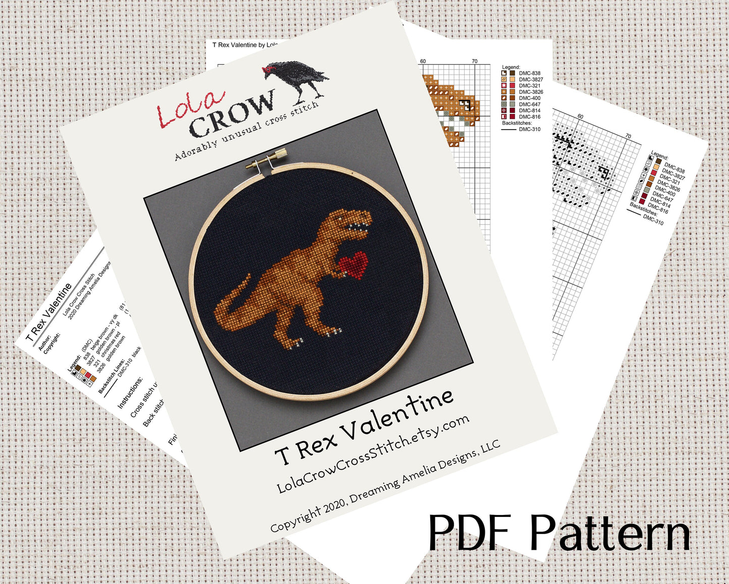 T Rex Valentine - Digital PDF Cross Stitch Pattern
