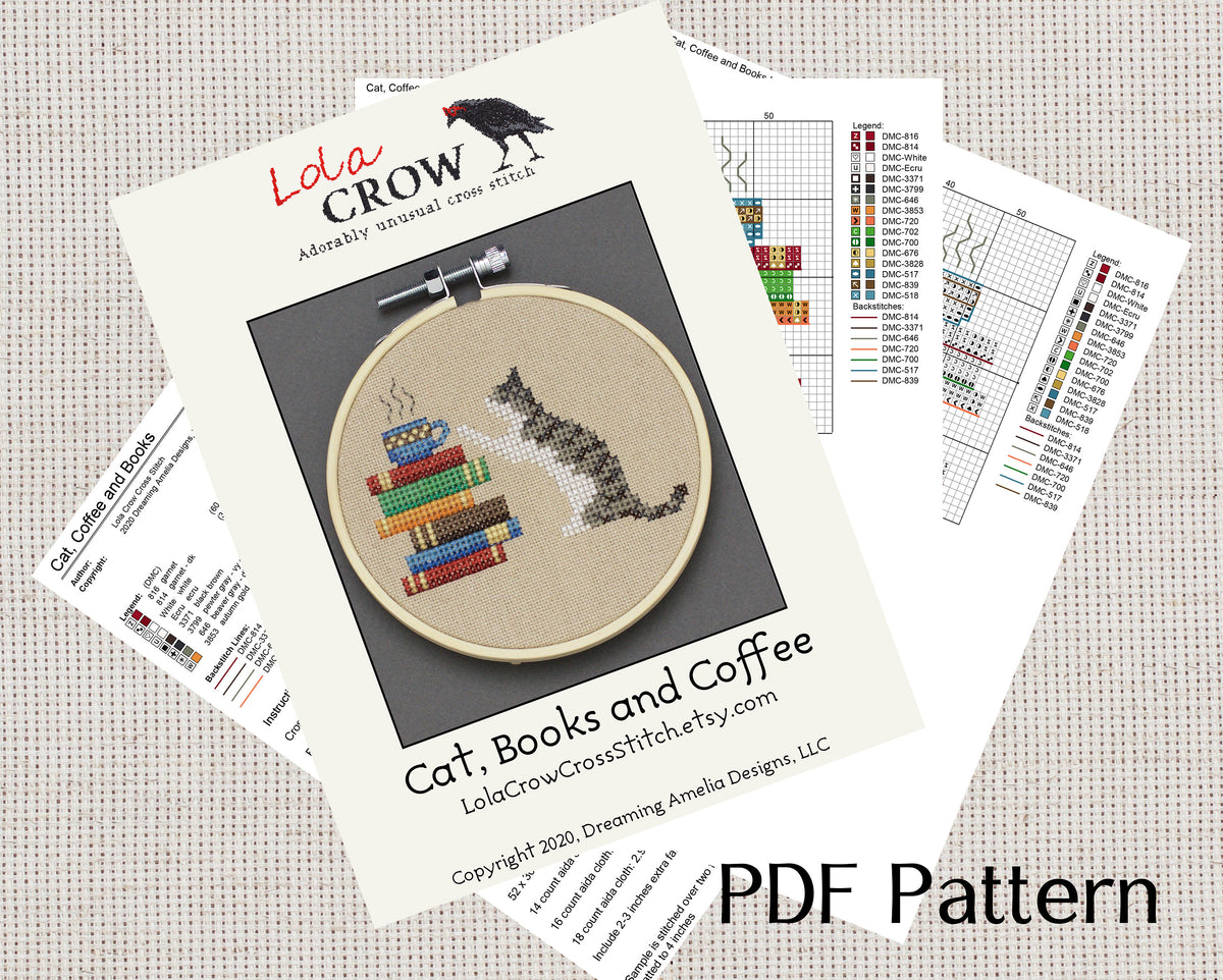 Cat, Books and Coffee - Digital PDF Cross Stitch Pattern – Lola Crow ...