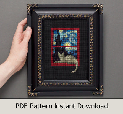 Starry Cat Night - Digital PDF Cross Stitch Pattern
