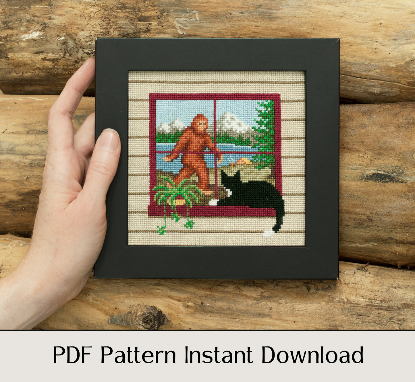 What the Cat Saw: Bigfoot! - Digital PDF Cross Stitch Pattern